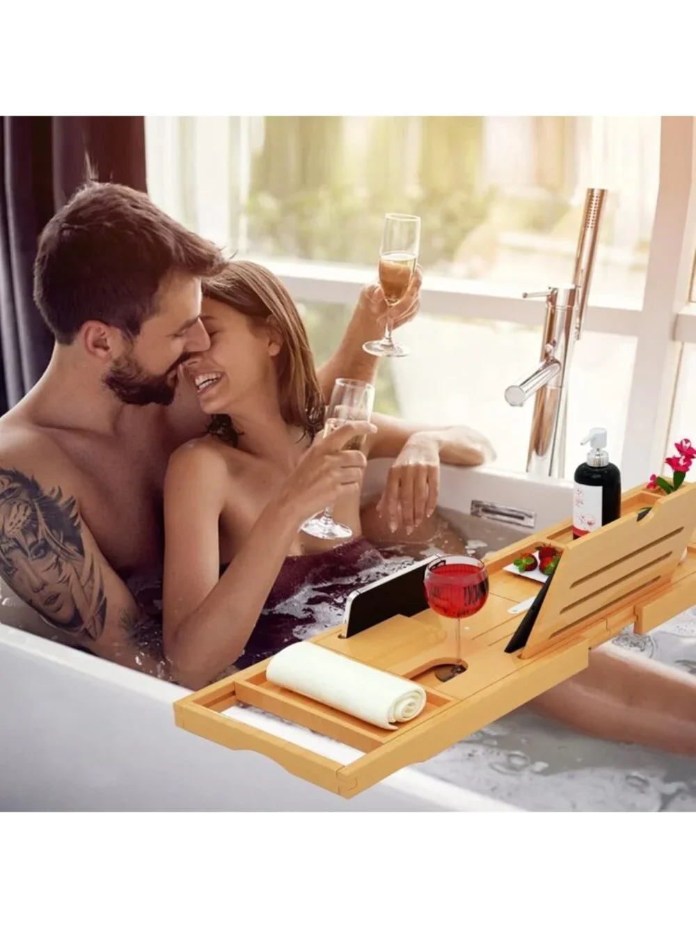 Expandable Bamboo Bathtub Tray Caddy - Fits Most Tubs, Spa Organizer & Table